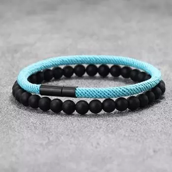 Мужской браслет из веревки, двухслойный браслет, 6 мм, оникс, магнитная застежка, миланская веревка, латунные украшения для улицы, подарок для него 20.5cm/8.07in чёрный