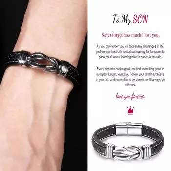 Мужской браслет-манжета «Моему сыну» с кожаным узлом Forever Linked Together Gif One Size серебряный
