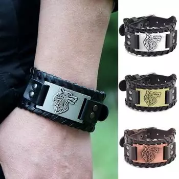 Мужской браслет, регулируемый широкий, мягкий, плетеный, из искусственной кожи, подарочный сплав, манжеты в стиле ретро с головой животного золотистый