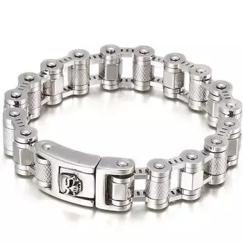 Мужской браслет с черепом шириной 16 мм из нержавеющей стали, велосипедная цепь, мужские браслеты, браслеты в стиле рок-н-ролл, мужские украшения 9 дюймов 23CM серебряный