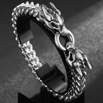 Мужской браслет Viking с двойной головой дракона и волка, ширина 8 мм, матовая нержавеющая сталь, мужская цепочка с звеньями Франко, мужские браслеты в стиле панк 23CM