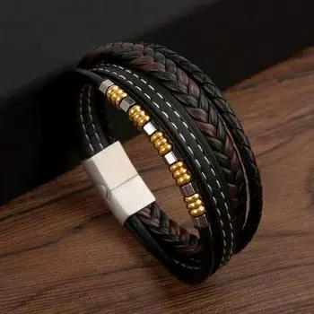 Мужской браслет в европейском стиле в стиле ретро, кожаный браслет с магнитной пряжкой из сплава ручной работы 21cm чёрный