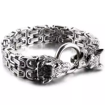 Мужской браслет в готическом стиле с головой волка, винтажный браслет из нержавеющей стали 14 мм с двойной цепочкой, мужские браслеты на запястье, мужские ювелирные аксессуары 20CM серебряный