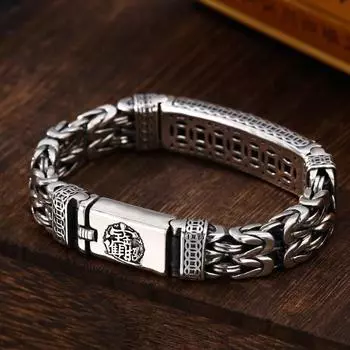 Мужской браслет в китайском стиле, ретро, серебряный, двуниточный, с татуировкой мира, деньги, храбрые войска, индивидуальный поп-ретро, счастливчик 18cm