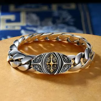 Мужской браслет в стиле хип-хоп с крестом и цветком, браслет премиум-класса, модный легкий роскошный грубый стиль, хипстерский уличный панк 18cm серебряный