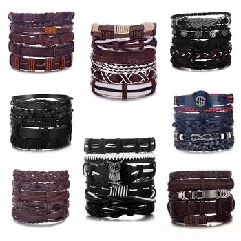 Мужской браслет в стиле панк, многослойный браслет из листьев и перьев из искусственной кожи, трендовый браслет ручной работы, набор ювелирных изделий