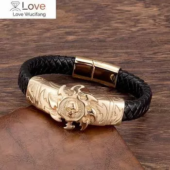 Мужской браслет в стиле панк с магнитной пряжкой, золотые браслеты с черепом, аксессуары из коровьей кожи, браслеты с подвесками, ювелирные изделия из нержавеющей стали, подарки 23cm