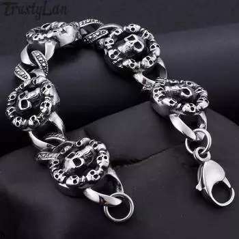 Мужской браслет в стиле стимпанк для мужчин, готический череп, мужские ювелирные аксессуары на руку, браслет из нержавеющей стали на Хэллоуин 18cm