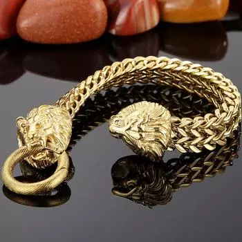 Мужской браслет в стиле стимпанк с черепом льва и головой дракона, роскошные мужские браслеты из нержавеющей стали из 18-каратного золота, готические украшения 22.5cm