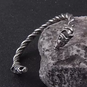 Мужской браслет викингов с головой ворона и головой волка, открытый регулируемый витой из нержавеющей стали, изготовление винтажных скандинавских скандинавских амулетов
