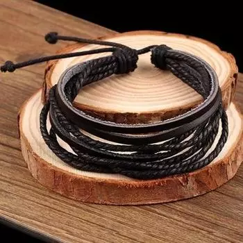 Мужской браслет, винтажный многослойный мужской браслет из искусственной кожи, универсальный мужской браслет чёрный