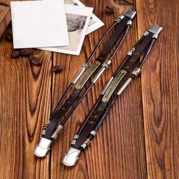 Мужской браслет Yousheng из искусственной кожи с пряжкой из нержавеющей стали в стиле ретро, 3-слойная изогнутая буква в стиле хип-хоп, легкая мотоциклетная цепочка для вечеринок и клубных украшений коричневый