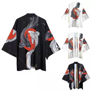 Мужской быстросохнущий кимоно-кардиган с принтом в стиле тушью и рукавами из семи частей XXL чёрный