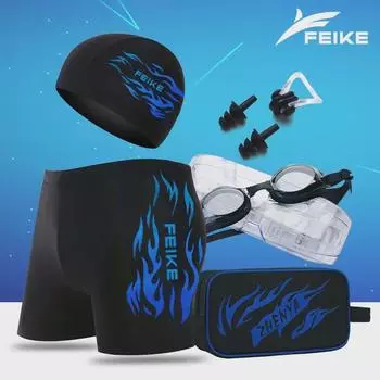 Мужской быстросохнущий плавательный комплект: Плавки, очки, кепка Flame - удобные, большого размера боксеры для горячих источников 2XL (recommended 125-140 jin)