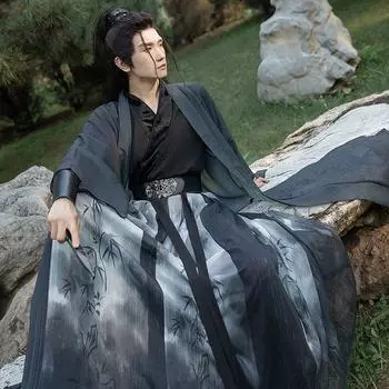 Мужской черный костюм Hanfu с принтом бамбука Song Bei Zi для боевых искусств с перекрестным воротником 2XL разноцветный