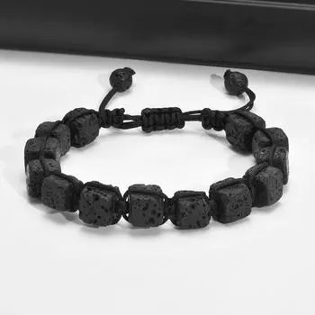 Мужской черный плетеный браслет с квадратным вулканическим камнем - регулируемый | BR-1364 adjustable size 16-25CM чёрный