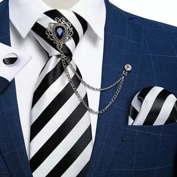 Мужской черный полосатый галстук с кисточкой, брошь-цепочка, шелковый галстук, карманный платок, набор запонок Dibangu N-0276