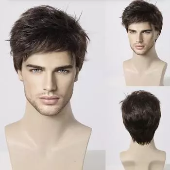 Мужской черный синтетический парик, натуральный вид, ежедневные искусственные волосы для мужчин, короткие коричневые парики для костюмированной вечеринки, термостойкое волокно чёрный