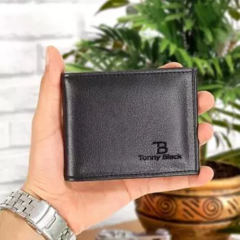Мужской черный стильный кожаный кошелек с визитницей и отделением для бумажных денег