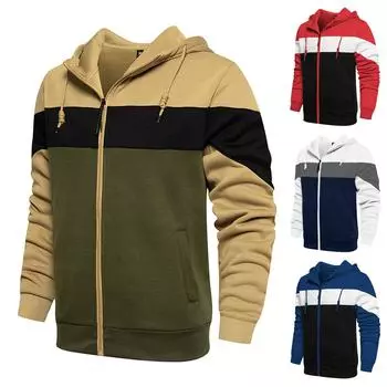 Мужской цветной контрастный кардиган на молнии, толстовка с капюшоном, повседневная плюшевая верхняя одежда больших размеров L хаки