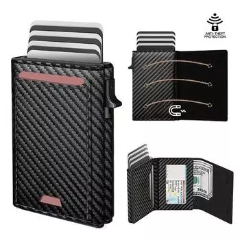 Мужской деловой кошелек с несколькими отделениями для карт, магнитным корпусом, блокировкой RFID, дорожным кошельком, держателем для карт, набором карт Carbon Fiber Black