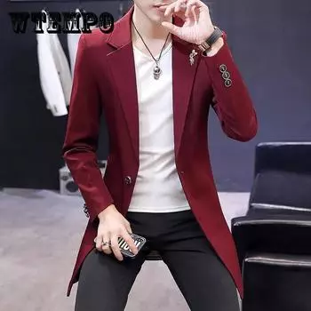 Мужской деловой костюм с V-образным вырезом, однотонное пальто, тонкая ветровка, повседневная модная парка, длинная, весна XXXL вино красного