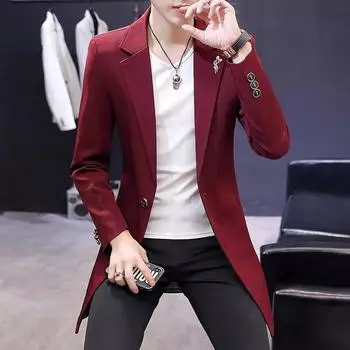 Мужской деловой костюм с V-образным вырезом, однотонное пальто, тонкая ветровка, повседневная модная парка, длинная, весна M вино красного