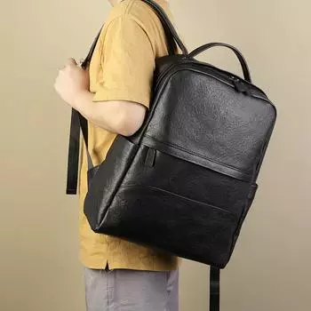 Мужской деловой рюкзак из коровьей кожи растительного дубления, повседневная сумка для компьютера из многослойной коровьей кожи большого объема чёрный