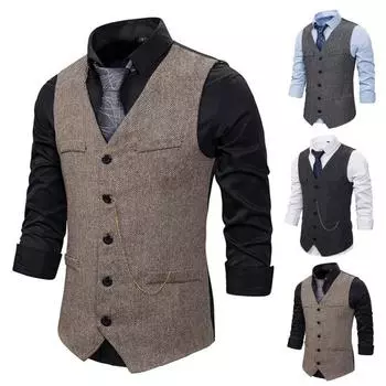 Мужской деловой жилет, деловой жилет с цепочкой, декор без рукавов, облегающий однобортный однобортный жилет с v-образным вырезом, против морщин, накладные карманы, мужское пальто M чёрный