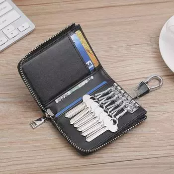 Мужской держатель для ключей и карт из матовой углеродной кожи с контрастной молнией коричневый