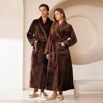 Мужской длинный халат осень-зима для пары, утепленная фланелевая пижама с V-образным вырезом, на шнуровке и с карманами M коричневый
