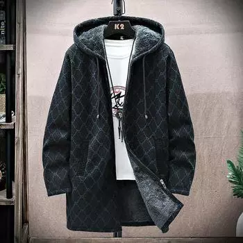 Мужской длинный кардиган, вязаный свитер с капюшоном, пальто, зимний теплый толстый клетчатый, вышивка, на молнии, на флисовой подкладке, длинная куртка, мужская одежда XXXL чёрный