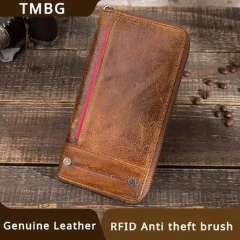 Мужской длинный кошелек из коровьей кожи в стиле ретро Crazy Horse, RFID, противоугонная щетка, сумка для денег, двойной карман на молнии, кошелек для монет для мальчика, друга, мужа, праздничные подарки коричневый