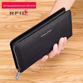 Мужской длинный кошелек Paul с защитой от кражи RFID на молнии, новинка 2024 года, большая вместимость, тренд из коровьей кожи cross pattern чёрный
