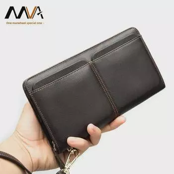 Мужской длинный ретро-кошелек MVA из натуральной кожи — вместительный держатель для карт с несколькими отделениями, клатч из коровьей кожи первого слоя.