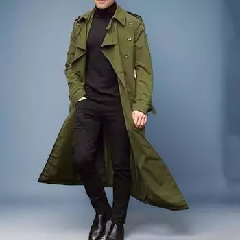 Мужской длинный рукав удлиненный однотонный плащ модный длинный рукав лацкан повседневная куртка S армия зеленый