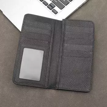 Мужской длинный ультратонкий кошелек и держатель карт из натуральной кожи - корейский стиль чёрный