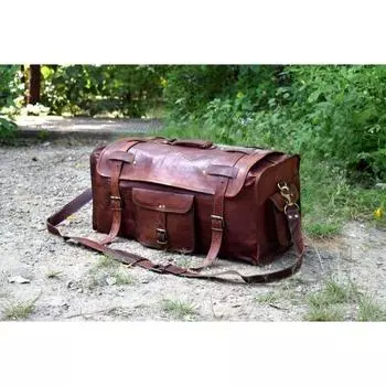 Мужской дорожный чемодан ручной работы, винтажная спортивная сумка из козьей кожи, коричневая спортивная сумка для выходных 24 x 11 x 9 in коричневый