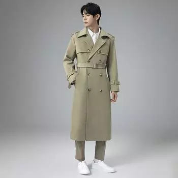 Мужской двубортный тренчкот повседневная ветровка весна-осень мужская пальто M чай зеленый