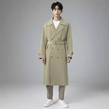 Мужской двубортный тренчкот свободного покроя, ветровка с лацканами, длинное пальто осень-зима M чай зеленый