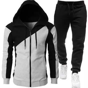 Мужской двухцветный спортивный комплект из куртки и брюк с флисовой подкладкой — отлично подходит для осени и зимы XXL светло-серый