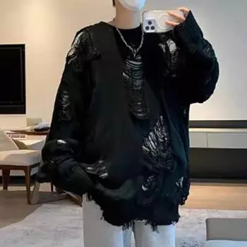 Мужской джемпер с круглым вырезом, однотонный, с тонкими вставками, на весну и осень, больших размеров, с ленивым ветром 3XL чёрный