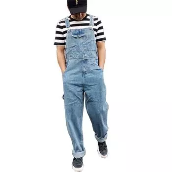 Мужской джинсовый комбинезон большого размера, свободный прямой комбинезон, универсальный повседневный комбинезон с широкими штанинами и подтяжками 28 синий