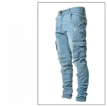 Мужской джинсовый комбинезон в европейском стиле Slim Fit с множеством карманов - повседневные модные эластичные узкие брюки 3XL светло-синий