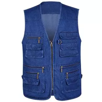 Мужской джинсовый жилет для рыбалки с V-образным вырезом и несколькими карманами 2XL джинсовый синий