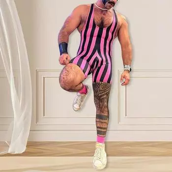 Мужской фитнес боди без рукавов с глубоким U-образным вырезом полосатый комбинезон тренажерный зал спортивные бандажи боксеры борцовки трико танк топ майки шорты XL