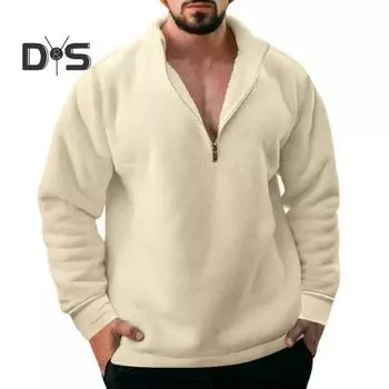 Мужской флисовый свитер с застежкой-молнией на половину длины, однотонный ветрозащитный свитер на осень-зиму с длинными рукавами и лацканами M темно-серого