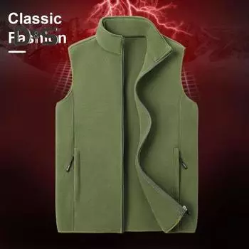 Мужской флисовый жилет, пальто, воротник-стойка, без рукавов, двойные боковые карманы, жилет, застежка-молния, однотонный, теплый, осенне-зимний жилет L зелёный
