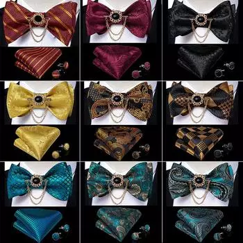 Мужской галстук-бабочка, брошь с кисточками, шелковый галстук-бабочка с пейсли, носовой платок, запонки, комплект в винтажном стиле для свадьбы LH-3012