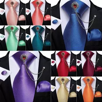 Мужской галстук, однотонный галстук с кисточкой, брошь, свадебный галстук для мужчин, набор запонок с нагрудным платком N-0206